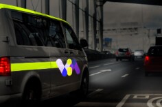 Visio reflective van with Scotchlite Reflective Graphic Film IJ5100R and 3M™ Scotchcal™ Gloss Overlaminate 3660M. This asset is Shutterstock ID 721598725. This is licensed from Shutterstock Images. Unlimited seats were licensed there is no charge to use this image. Please download and use as needed, but include this Celum ID in Release Comments for new content loaded to Celum utilizing this asset. Title: white minibus goes on the city street.