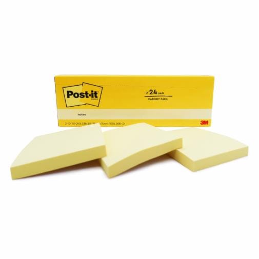 Post-it® Notes 654-24CY, Canary Yellow, 3 in x 3 in, 100 Sheets x 24 Pads, 9 Packs/Carton