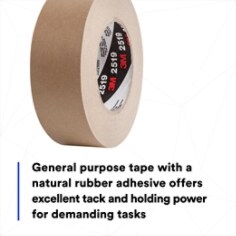 General purpose tape with a natural rubber adhesive offers excellent tack and holding power for demanding tasks