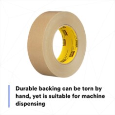 Durable backing can be torn by hand, yet is suitable for machine dispensing