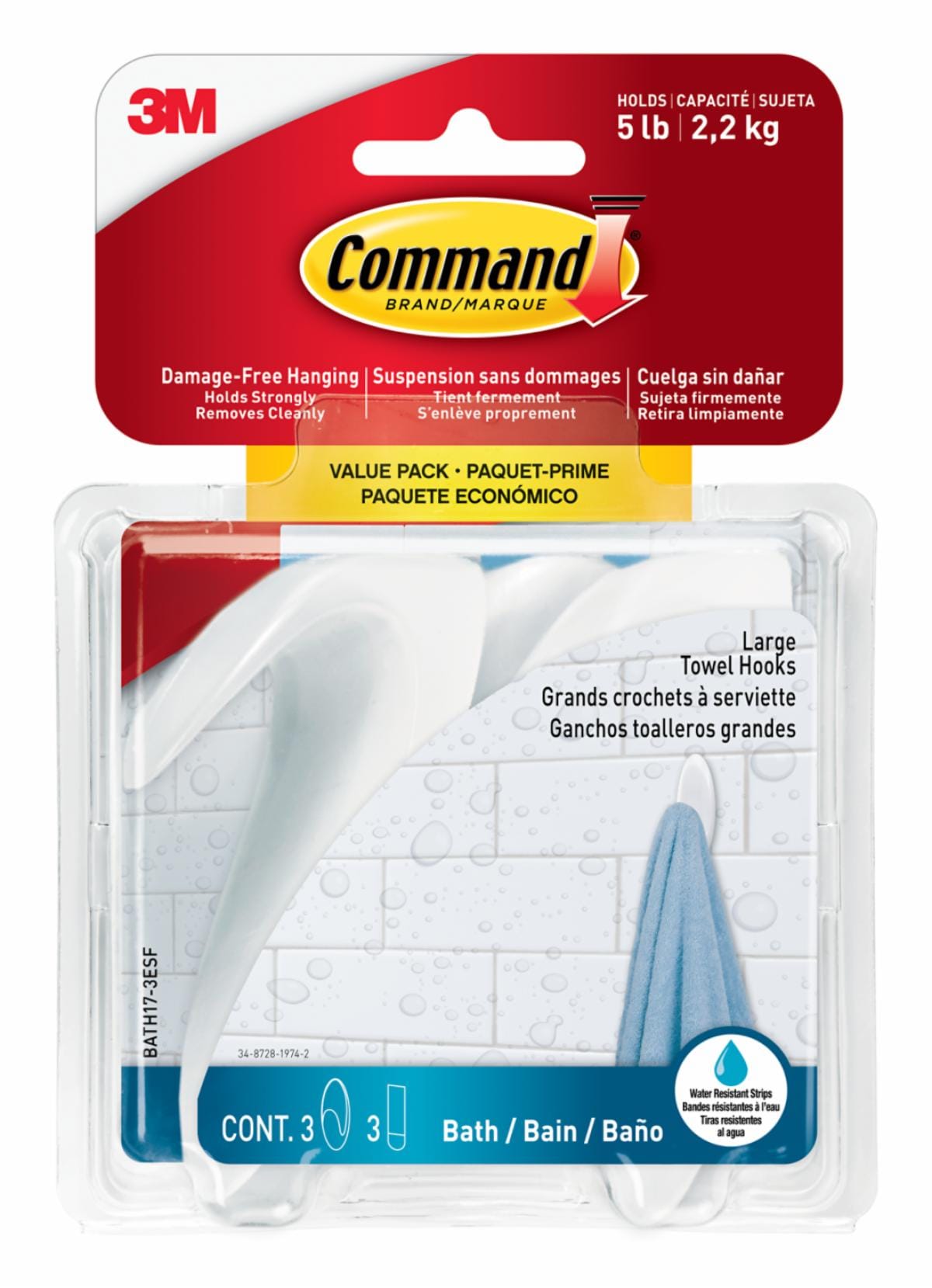 Command Bath Large Towel Hooks Value Pack Bath17-3ESF