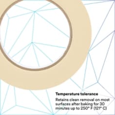 TEMPERATURE TOLERANCE: Retains clean removal on most surfaces after baking for 30 minutes up to 250 °F (121 °C)