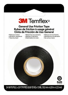 A roll of 3M™ Temflex Friction tape in its white packaging. Text: General Use friction tape. 3/4 IN/PO/PULG. x20 FT/PI/PIES (6.66 YD/NG) x13 MIL (19,0 mm x 6,09 m x 0,33 mm)