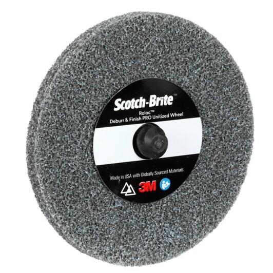 A Scotch-Brite Roloc Deburr & Finish Pro Unitized Wheel, DP-UR, 9C Extra Coarse+, TR, 3 in x 1/4 in x NH