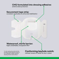 CHG formulated into dressing adhesive, securement tape strip, conforming keyhole notch, waterproof
