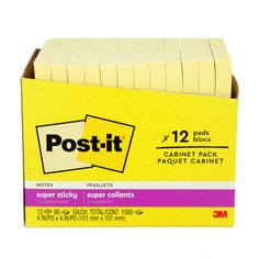 Post-it Super Sticky Notes 675-12SSCP 4 in x 4 in Canary, Lined, 12 Pads in Cabinet Pack