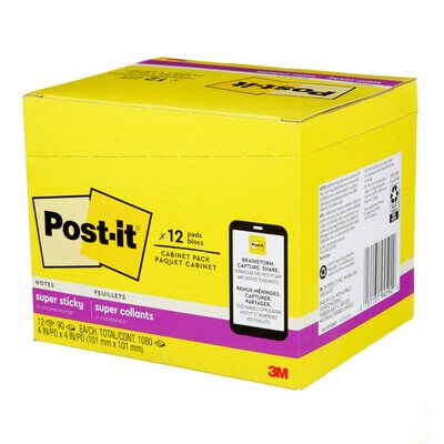 Post-it Super Sticky Notes 675-12SSCP 4 in x 4 in Canary, Lined, 12 Pads in Cabinet Pack