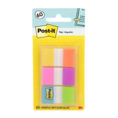 A pack of Post-it Flags in assorted colors, including yellow, orange, pink, and green, displayed in a clear plastic packaging with a yellow backing card.