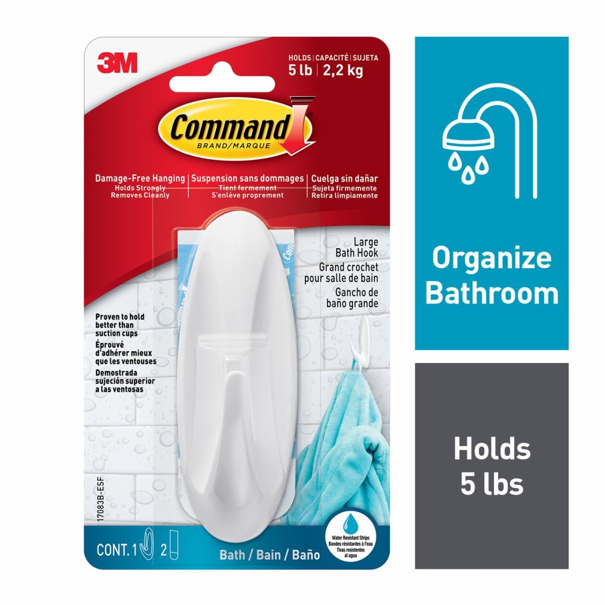 Command Large Designer Hook with Water-Resistant Strips 17083B-ESF