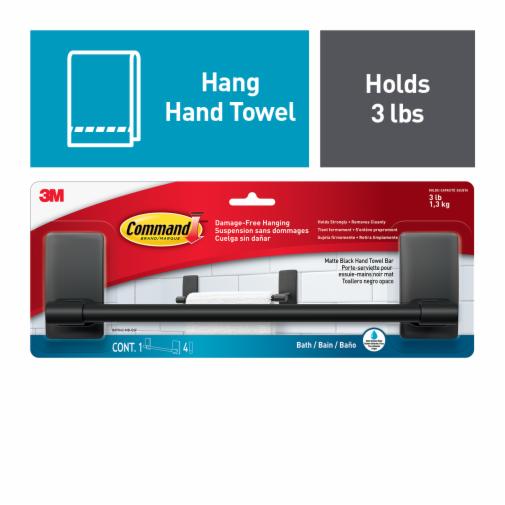 One Command Matte Black Hand Towel Bar in package. Hang Hand Towel. Holds 3lbs.