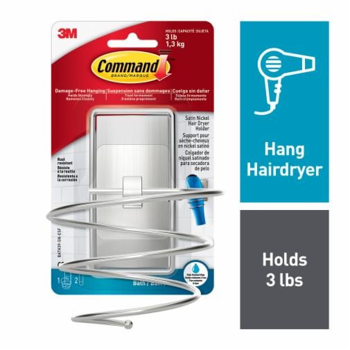 1 Command Satin Nickel Hair Dryer Holder in package. Hang Hairdryer. Holds 3lbs.