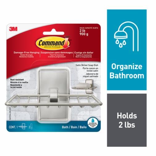 One Command Satin Nickel Soap Dish in package. Organize bathroom. Holds 2lbs.