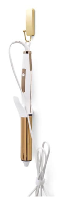 Command™ Medium Satin Brass Bath Hook holding a hair curler