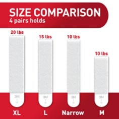 Four Command™ Picture Hanging Strips (XL, L, Narrow, M) showing a weight comparison for the different sizes. 4 XL pairs holds 20 lbs. 4 L pairs holds 16 lbs. 4 Narrow pairs holds 10lbs. 4 M pairs holds 12 lbs.