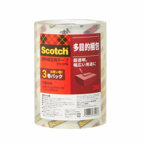 スコッチ® 透明梱包用テープ 313 3PN, 透明, 中量物用, 48 mm x 50 m 