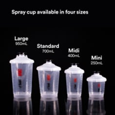 Spray cup available in four sizes
Mini (250 mL)
Midi (1400 mL)
Standard (700 mL)
Large (950mL)