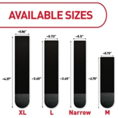 Available sizes. XL: ~4.37"x~0.86", L: ~3.65"x~0.73", Narrow: ~3.65"x~0.5", M: ~2.75"x~0.73"