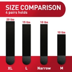 Four Command™ Picture Hanging Strips (XL, L, Narow, M) showing a weight comparison for the different sizes. 4 XL pairs holds 20 lbs. 4 L pairs holds 15 lbs. 4 Narrow pairs holds 10lbs.. 4 M pairs holds 1 lbs.