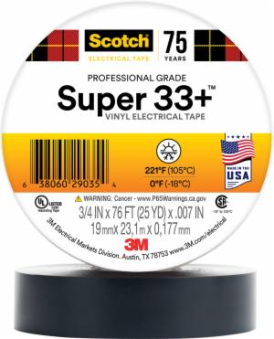 Scotch Super 33+ Vinyl Electrical Tape, 3/4 in x 76 ft, 1 in Core, Black, 10 rolls/carton, 100 rolls/Case image Scotch Super 33+ Vinyl Electrical Tape, 3/4 in x 76 ft, 1 in Core, Black, 10 rolls/carton, 100 rolls/Caseimage