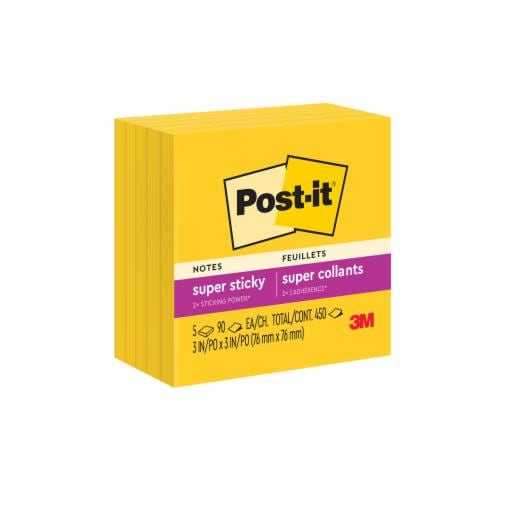 Post-it® Super Sticky Notes, 3 in x 3 in, Sunnyside Yellow, 5 Pads/Pack, 90 Sheets/Pad