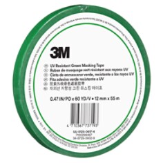 An in-package product shot of the 3M UV Resistant Green Masking Tape, 12 mm x 55 m