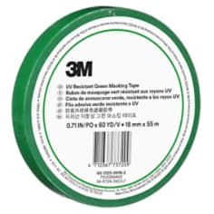 An in-package product shot of the 3M UV Resistant Green Masking Tape, 18 mm x 55 m