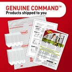 Genuine Command products shipped to you. A picture of a white envelope with Command logos on it, picture hanging strips in a stack, and two product information pages.