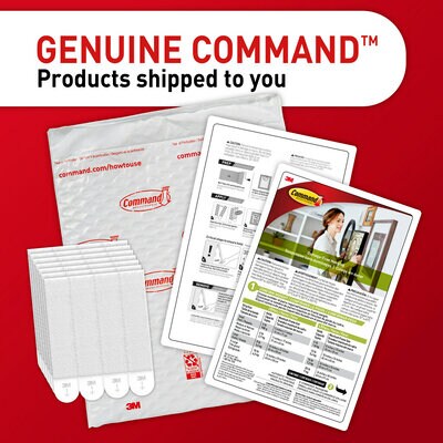 Genuine Command products shipped to you. A picture of a white envelope with Command logos on it, picture hanging strips in a stack, and two product information pages.
