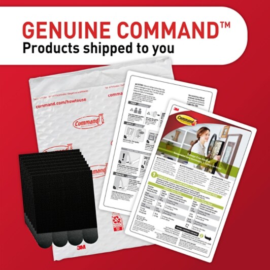 Genuine Command products shipped to you. A picture of a white envelope with Command logos on it, picture hanging strips in a stack, and two product information pages.