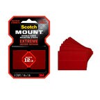 Scotch Scotch-Mount™ Extreme Double-Sided Mounting Strips in package. 8 strips / 1 in x 3 in.. 8 strips of double-sided mounting strips shown outside/next to packaging.