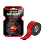 Scotch-Mount™ Extreme Double-Sided Mounting Tape in package. Holds up to 30lb. 1 rol, 1 in x 60 in. A roll of double-sided mounting strips shown outside/next to packaging.