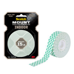 Scotch-Mount™ Indoor Double-Sided Mounting Tape in package. 1 roll of double-sided mounting tape shown outside/next to packaging.