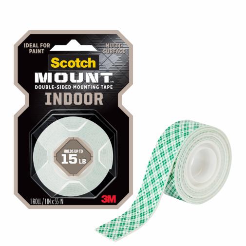 Scotch-Mount™ Indoor Double-Sided Mounting Tape in package. 1 roll, 1 in x 55 in. 1 roll of double-sided mounting tape shown outside/next to packaging.