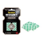 Scotch-Mount™ Indoor Double-Sided Mounting Squares in package. 48/pk. 1 in x 1 in ea. Holds up to 15 lb. 3 squares of double-sided mounting squares shown outside/next to packaging.