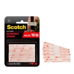 Scotch™ Extreme Fasteners in package. 4 strips / 1 in x 3 in. Extremely Strong. Holds 10lb. 4 strips of scotch extreme fasteners shown outside/next to packaging.