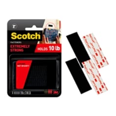 Scotch™ Extreme Fasteners in package. Holds 10 lb. Locks when wet or dry. 4/pk. 1 in x 3 in ea. Fasteners shown outside/next to packaging.