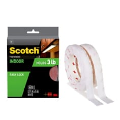 Scotch™ Indoor Fasteners in package. Holds 3 lb. Easy lock. 1 roll. 0.75 in x 15 in. White. Rolls of indoor fasteners shown outside/next to packaging.