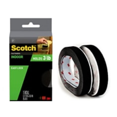 Scotch™ Indoor Fasteners in package. Easy lock. Holds 3 lb. 1 roll. Rolls of fastener shown outside/next to packaging.