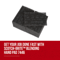 3M Scotch-Brite Blending Hand Pad 7446. 3M Scotch-Brite Blending Hand Pad 7446 uses an open, aggressive web for effective hand blending, general purpose cleaning, prep work, and finishing. The conformable material adapts to both flat and irregular contours without significantly altering the dimensions of base material. Unlike steel wool, the Blending Hand Pad won’t shred during use, rust after use, or leave fine metal splinters. Base ID: B40066274, Pathfinder Project; UPC; Basic Content; Rich Product Card; PF23, Secondary Image 09