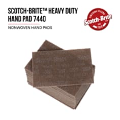 3M Scotch-Brite Heavy Duty Hand Pad 7440. The 3M Scotch-Brite Heavy Duty Hand Pad 7440 is our most aggressive and durable hand pad. Its super dense construction makes it an excellent choice for your heaviest cleaning, deburring, and finishing applications. Base ID: B40066282, Pathfinder Project; UPC; Basic Content; Rich Product Card; PF23, Secondary Image 01