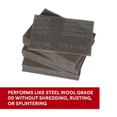 3M Scotch-Brite Hand Pad 7448. 3M Scotch-Brite Ultra Fine Hand Pad 7448 combines durability for long life, flexibility for reaching tight areas, and can be used in place of steel wool for conditioning metal surfaces and paint prep. Unlike fine steel wool, 3M Scotch-Brite pads will not shred during use, rust after use, or leave fine metal splinters. Base ID: B40071748, Pathfinder Project; UPC; Basic Content; Rich Product Card; PF23, Secondary Image 03