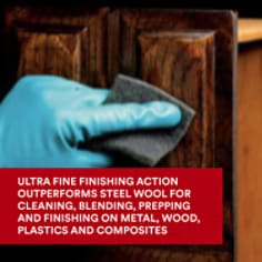 3M Scotch-Brite Hand Pad 7448. 3M Scotch-Brite Ultra Fine Hand Pad 7448 combines durability for long life, flexibility for reaching tight areas, and can be used in place of steel wool for conditioning metal surfaces and paint prep. Unlike fine steel wool, 3M Scotch-Brite pads will not shred during use, rust after use, or leave fine metal splinters. Base ID: B40071748, Pathfinder Project; UPC; Basic Content; Rich Product Card; PF23, Secondary Image 02