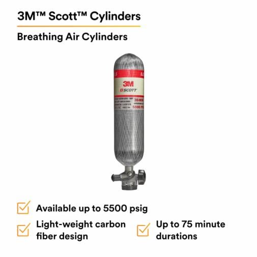 3M Scott 1640 Series Cylinders. 3M Scott offers a complete assortment of compressed breathing air cylinders to meet the needs and demands of all SCBA users, from aluminum cylinders, for infrequently-used SCBA, to carbon-wrapped cylinders for daily use, including higher-pressure 5500 psig. Product Number: , SKU: B5005220014, Base ID: B5005220014, Pathfinder Project; UPC; Basic Content; Rich Product Card; PF23, Enhanced Primary Image