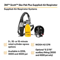 3M Scott Ska-Pak Plus Supplied-Air Respirator. The 3M Scott Ska-Pak Plus Supplied-Air Respirator is a supplied air respirator that utilizes an E-Z Klip cylinder retention system for quick and easy cylinder change out. Product Number: , SKU: B5005047151, Base ID: B5005047151, Pathfinder Project; UPC; Basic Content; Rich Product Card; PF23, Enhanced Primary Image