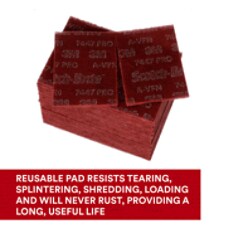 3M Scotch-Brite Hand Pad 7447 Pro. 3M Scotch-Brite 7447 Pro Hand Pad combines flexibility with effective cutting action and precise hand control to help you accomplish tough cleaning jobs or produce fine finishing results, use after use. The tightly graded abrasive particles in this new pad provide a consistent, uniform scratch throughout life of the hand pad. Base ID: B40066305, Pathfinder Project; UPC; Basic Content; Rich Product Card; PF23, Secondary Image 09
