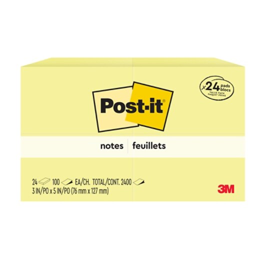 Post-it® Notes Value Pack, 3 in x 5 in, Canary Yellow, 24 Pads/Pack