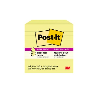 Post-it® Super Sticky Dispenser Pop-up Notes, 4 in x 4 in Canary Yellow, Lined, 5 Pads/Pack.