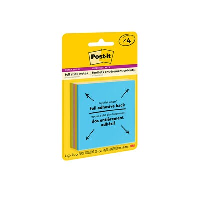 Post-it® Super Sticky Full Adhesive Notes, 3 in. x 3 in., Energy Boost Collection, 4 Pads/Pack