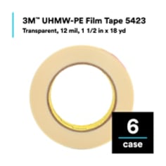 3M UHMW-PE Film Tape 5423, Transparent, 12 mil, 1 1/2 in x 18 yd, 6 Rolls/Case