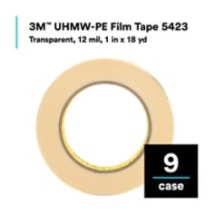 3M UHMW-PE Film Tape 5423, Transparent, 12 mil, 1 in x 18 yd, 9 Rolls/Case